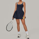 Contrast Color Nude Feel Faux Two Pieces Sports Dress Women Anti Exposure Bottoming Outdoor Running Fitness Tennis Dress