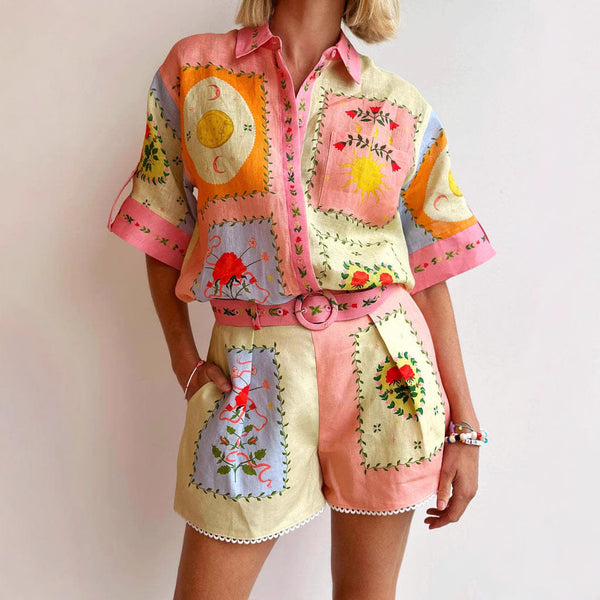 Ensembles chemise et short en lin décontractés