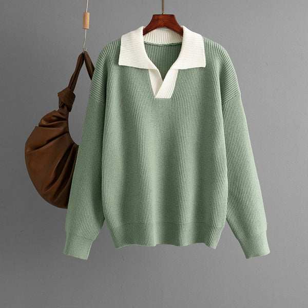 Autumn Winter Knitted Top Women Color Matching Polo Collar Loose Pullover Sweater Outerwear Sweater