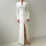 V neck Long Sleeve High Waist Split French Dress Women Party Long Dress