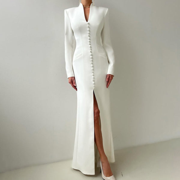 V neck Long Sleeve High Waist Split French Dress Women Party Long Dress