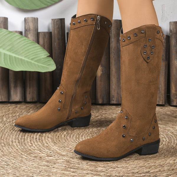 Arrival Vintage Rivet Thick Heel Western Cowboy Boot Women Frosted Suede Thinner-Looked High Heel V Cut High Leg Boot