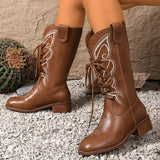 Autumn Retro High Lace up Western Cowboy Boot Women All Matching Chunky Heel Lace up Embroidery Knight Boots