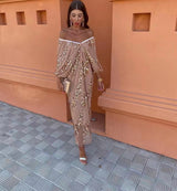 Spring Summer Popular Batwing Sleeve Sequined Deep V Plunge neck Maxi Dress