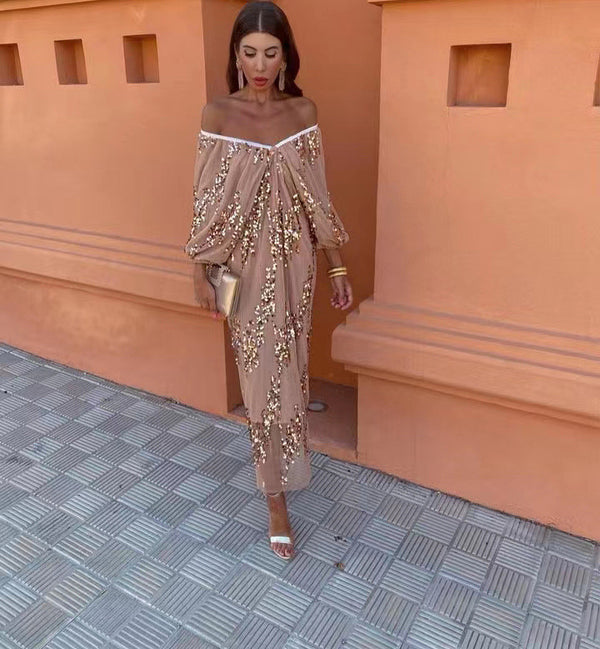 Spring Summer Popular Batwing Sleeve Sequined Deep V Plunge neck Maxi Dress