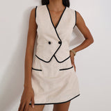 Summer Cotton Vest Women Sleeveless V neck Vest Top Office Skort Two Piece PantSkirt Set