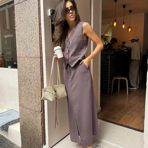 Vest Jacket Hip Skirt Set V neck Sleeveless Top Split Skirt Office Two Piece Set