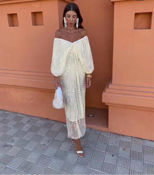 Spring Summer Popular Batwing Sleeve Sequined Deep V Plunge neck Maxi Dress