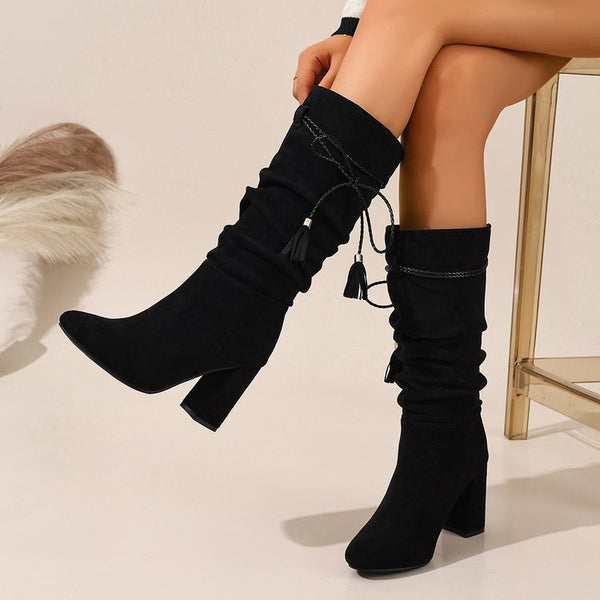 Suede Pleated High Heel Boots Women Winter Chunky Heel Pile Boots